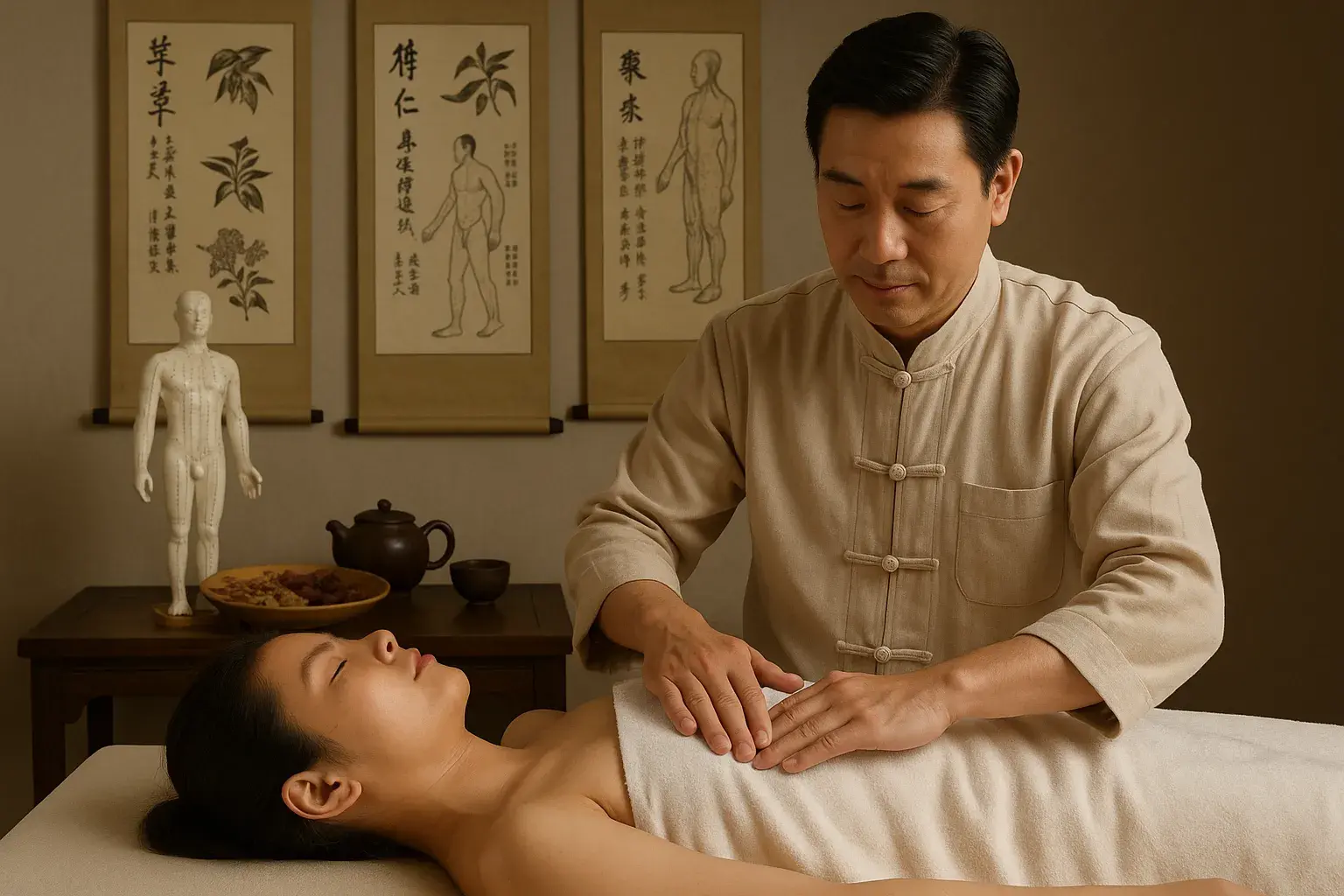 Praticien de massage chinois traditionnel travaillant sur les méridiens énergétiques