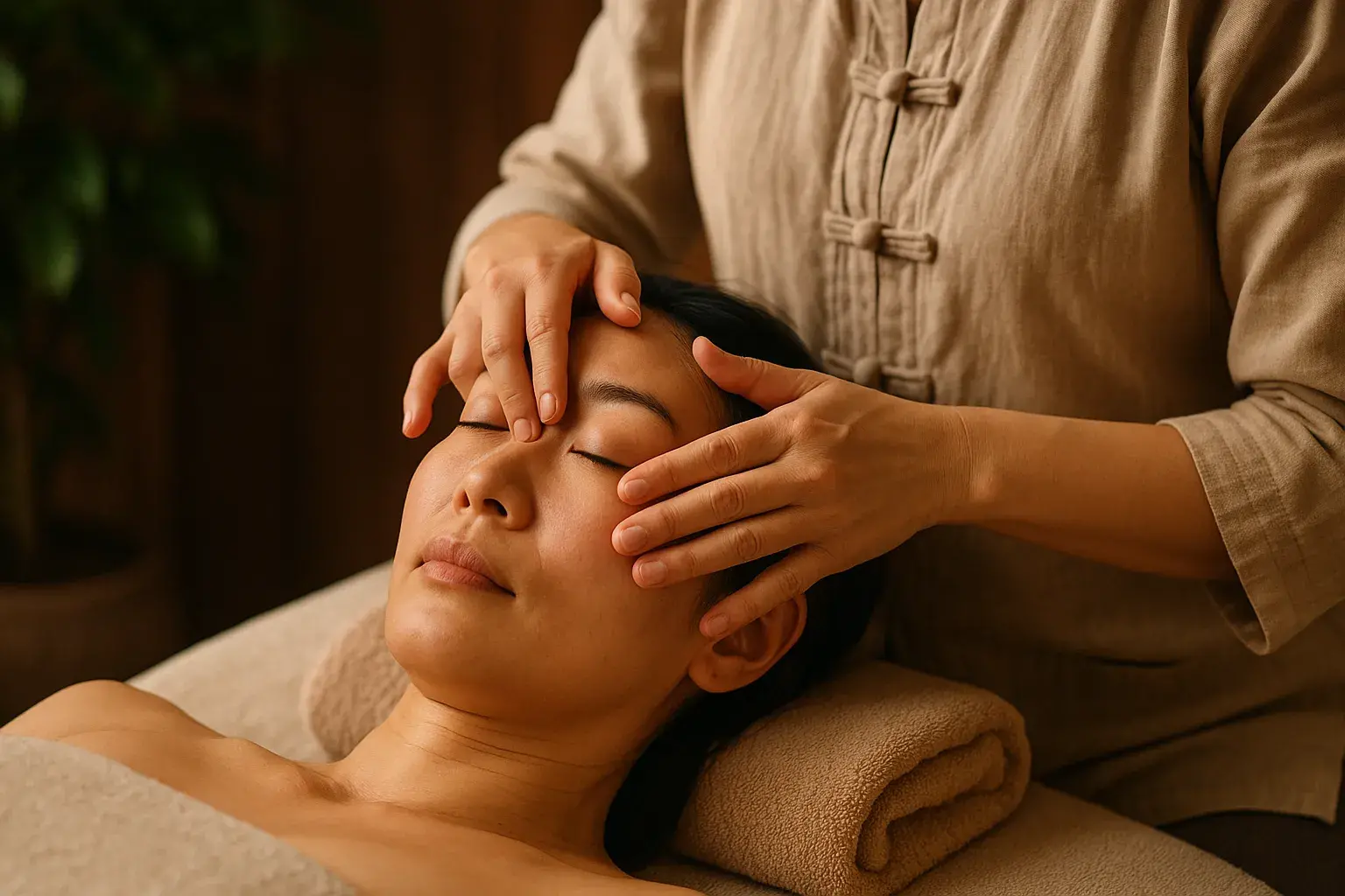 Démonstration de techniques de massage chinois traditionnel du visage